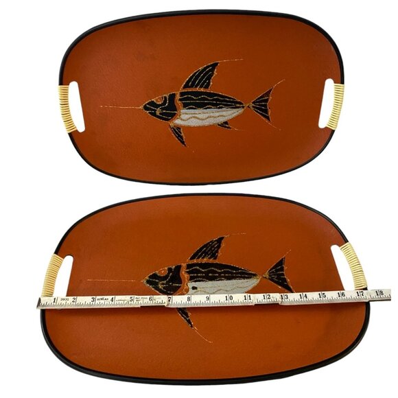 Pair Of Vintage Swordfish Serving Trays With Wrapped Handles 18 x 11" - Picture 4 of 6